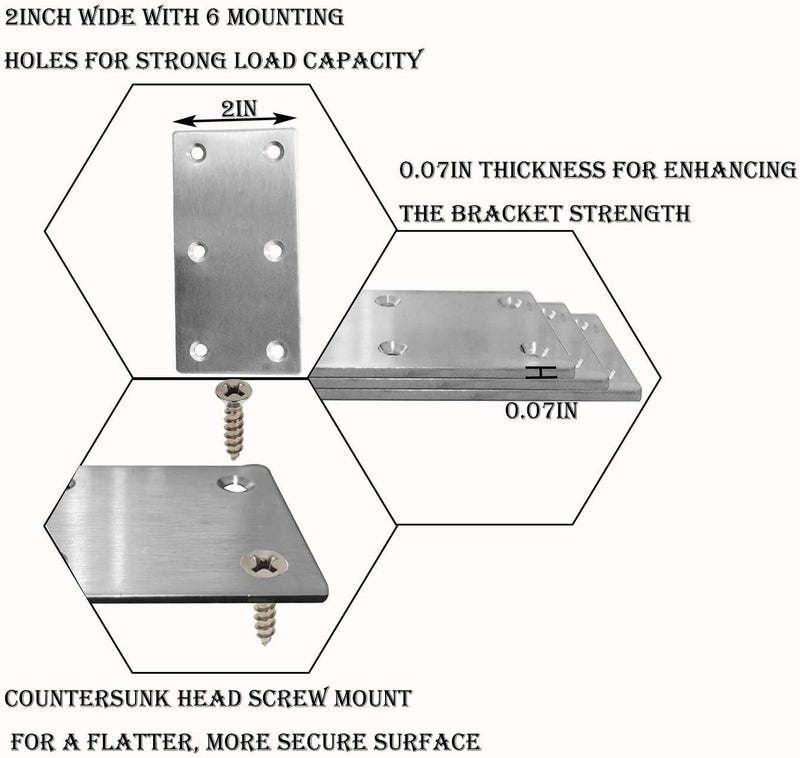 Evadow 20Pcs Stainless Steel Flat Bracket Mending Plate, 4"x2" Bracket Joining Plate, Heavy Duty Metal Repair Fixing Joining, Flat Brace Right Angle for Wood Furniture Cabinet Shelves - Image 5